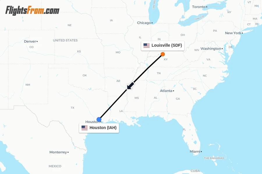 Flights from Louisville to Houston route map