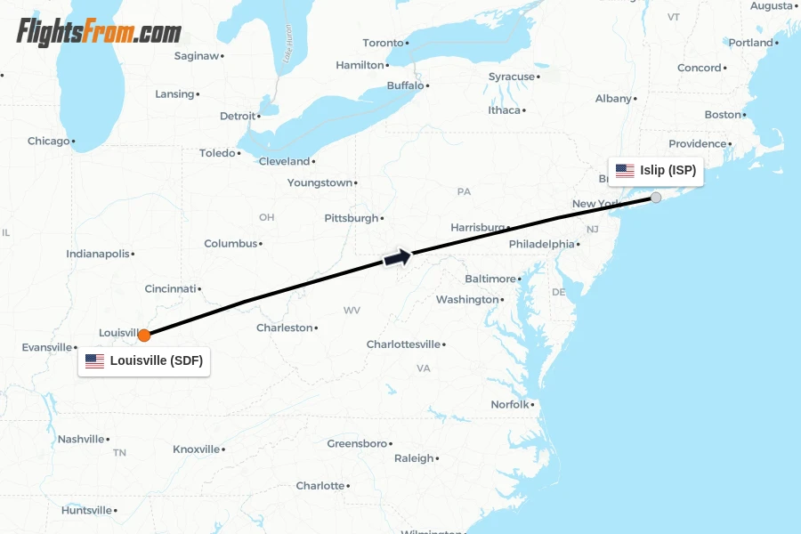 Flights from Louisville to Islip route map