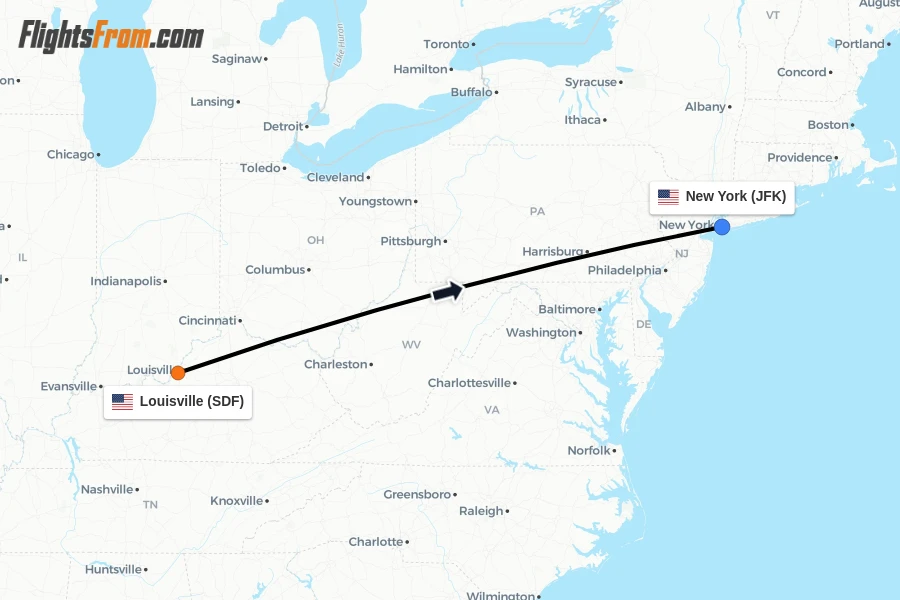 Flights from Louisville to New York route map