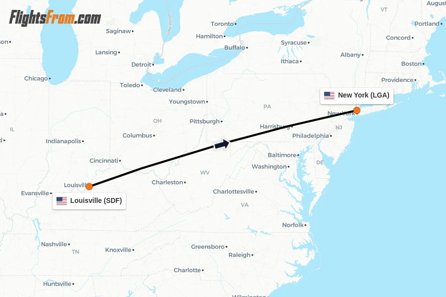 Flights from Louisville to New York route map