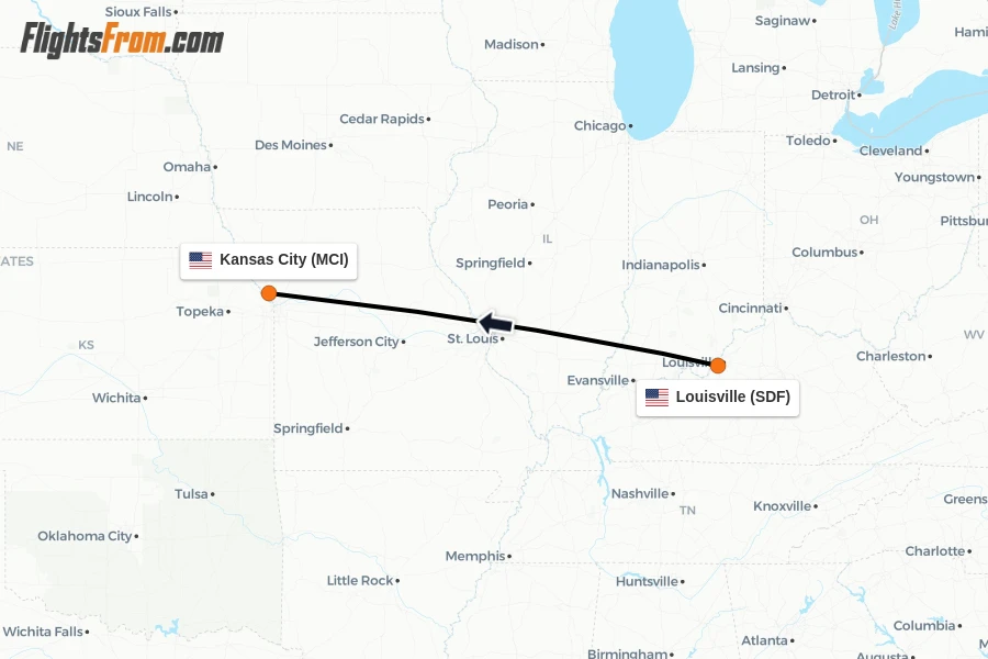 Flights from Louisville to Kansas City route map