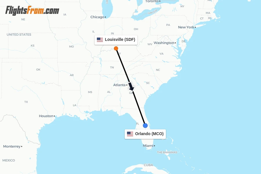 Flights from Louisville to Orlando route map