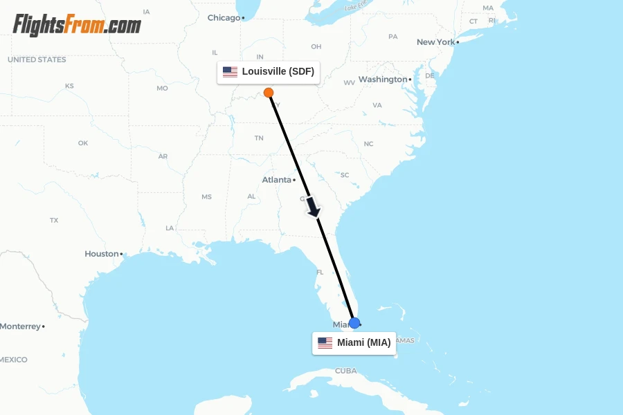 Flights from Louisville to Miami route map