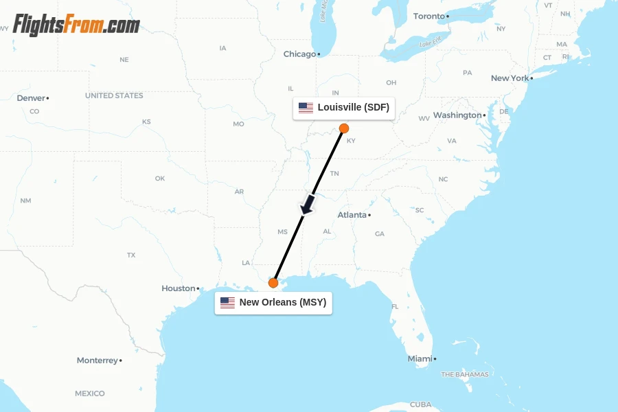 Flights from Louisville to New Orleans route map