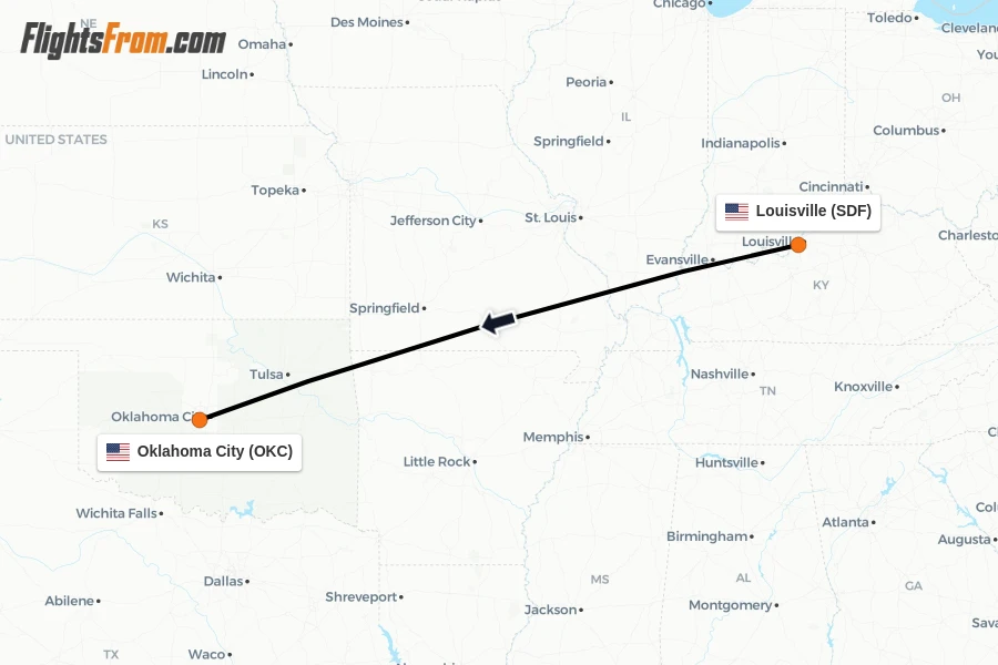 Flights from Louisville to Oklahoma City route map