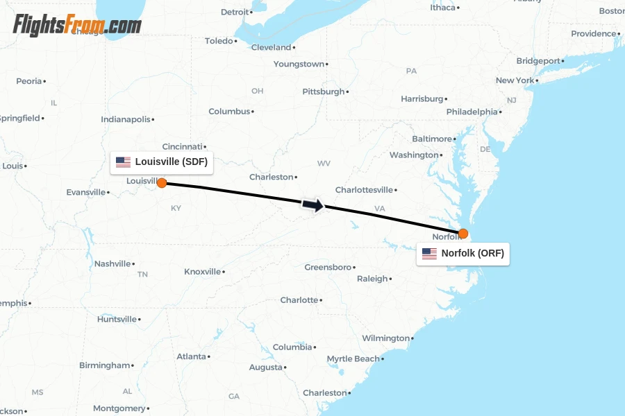 Flights from Louisville to Norfolk route map