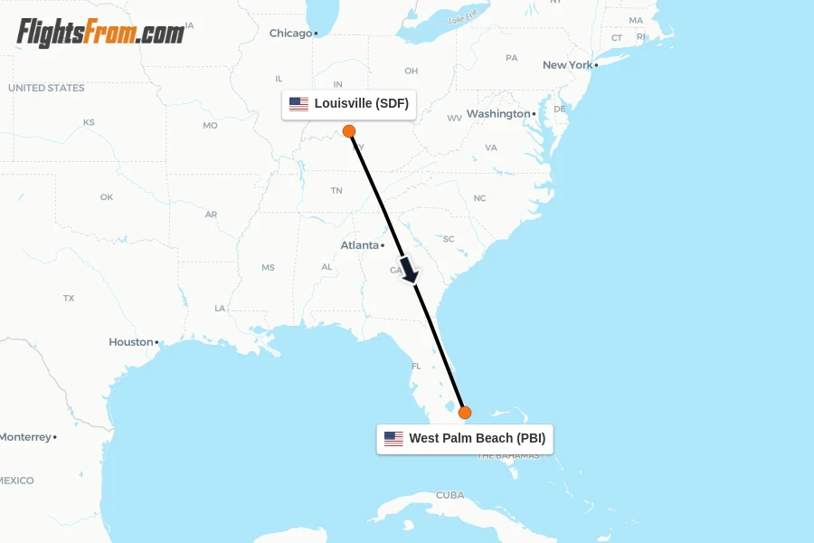 Flights from Louisville to West Palm Beach route map