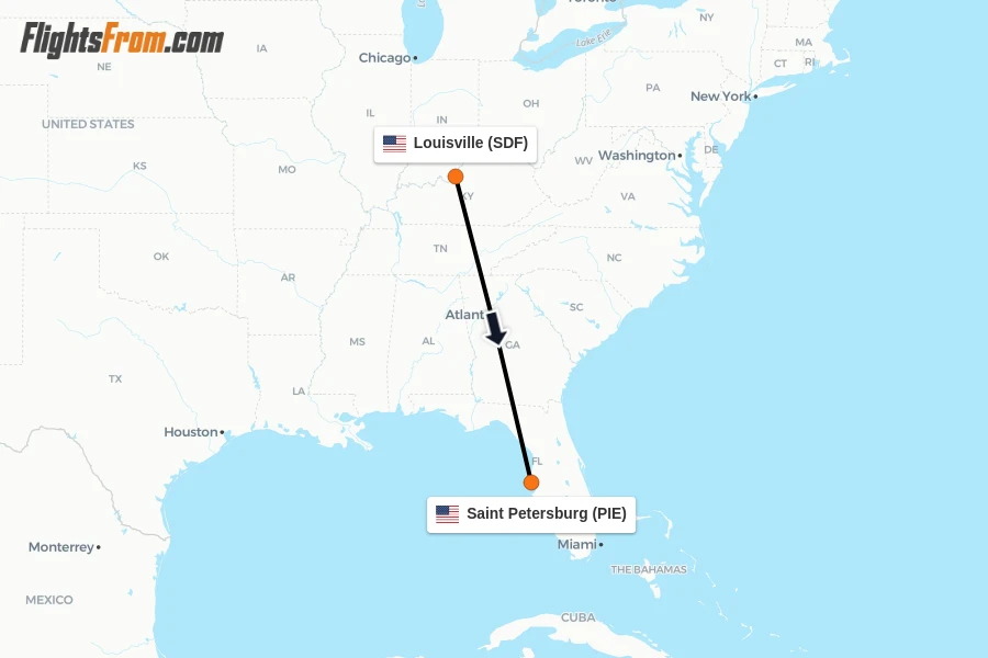 Flights from Louisville to Saint Petersburg route map