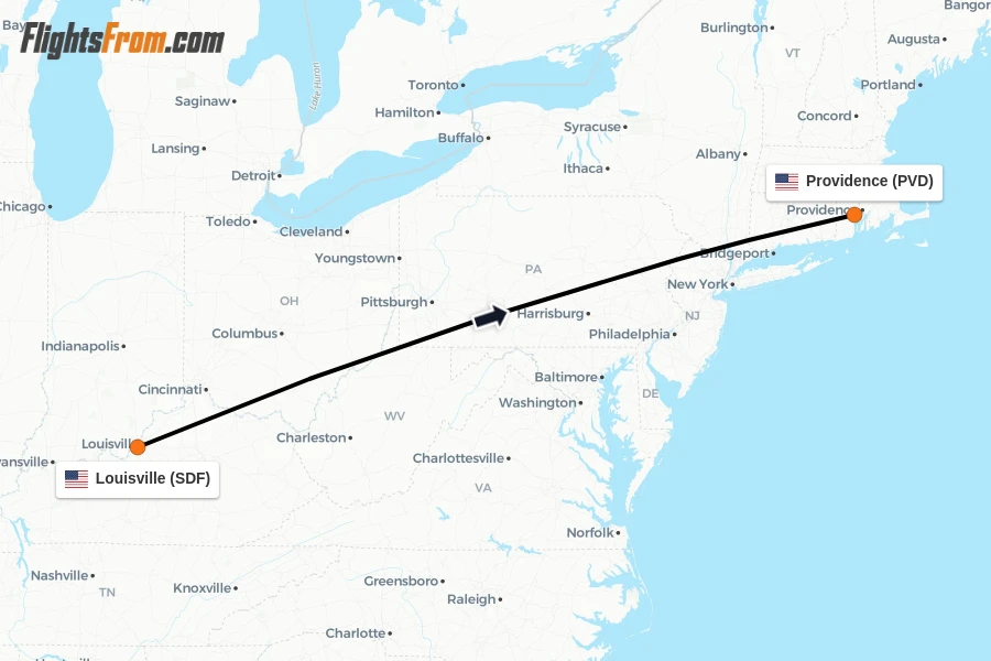 Flights from Louisville to Providence route map