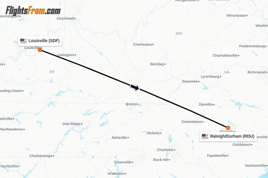 Flights from Louisville to Raleigh/Durham route map