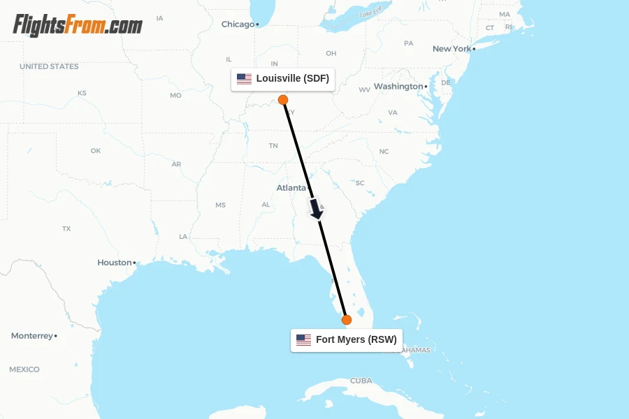 Flights from Louisville to Fort Myers route map