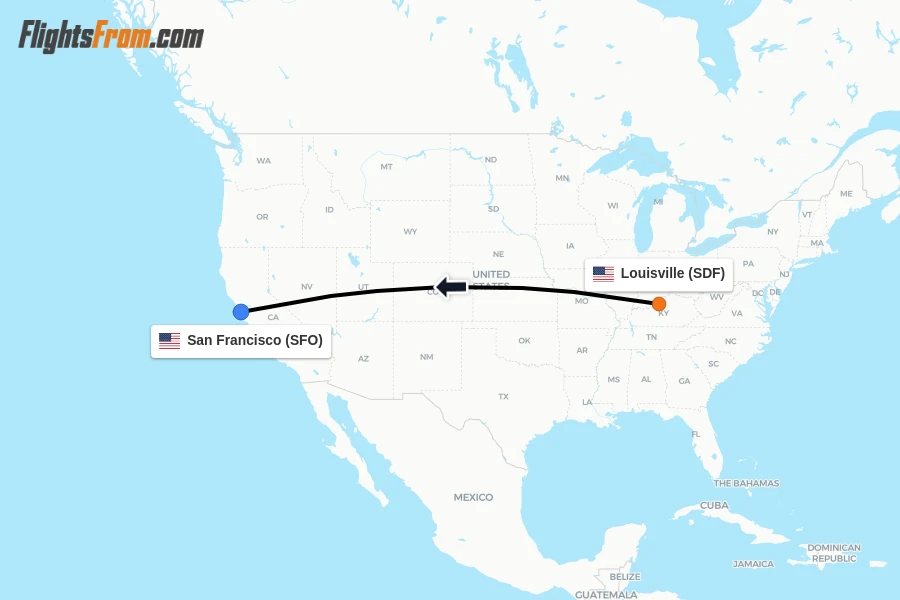 Flights from Louisville to San Francisco route map