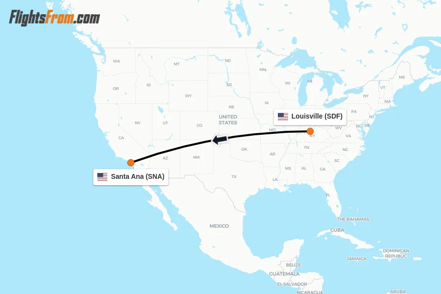 Flights from Louisville to Santa Ana route map
