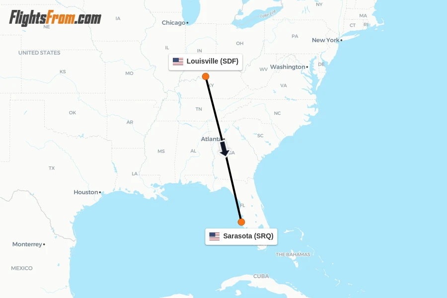 Flights from Louisville to Sarasota route map