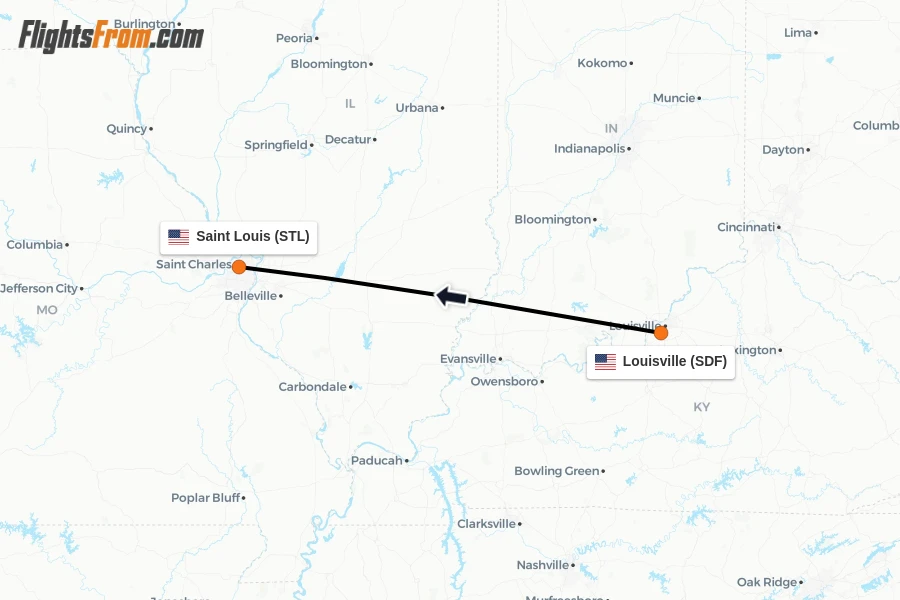 Flights from Louisville to Saint Louis route map