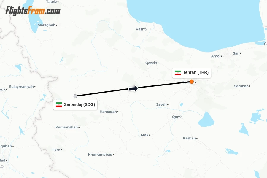 Flights from Sanandaj to Tehran route map