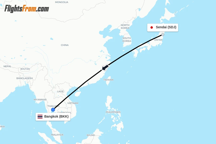 Flights from Sendai to Bangkok route map