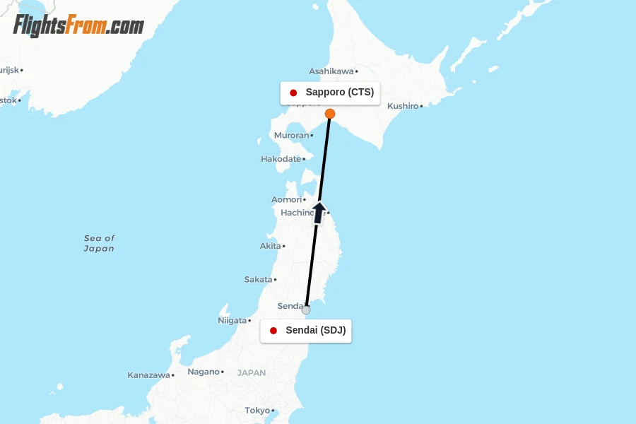Flights from Sendai to Sapporo route map