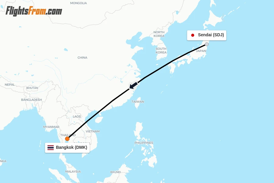 Flights from Sendai to Bangkok route map