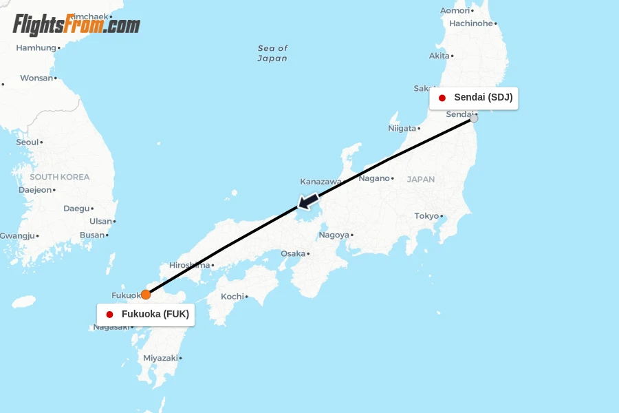 Flights from Sendai to Fukuoka route map