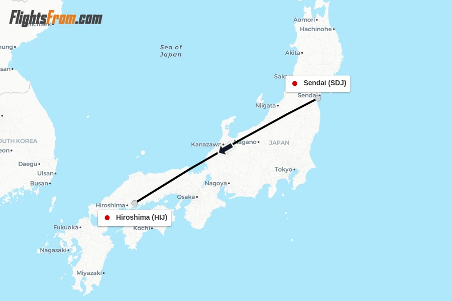 Flights from Sendai to Hiroshima route map
