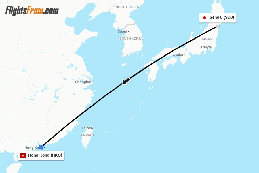Flights from Sendai to Hong Kong route map