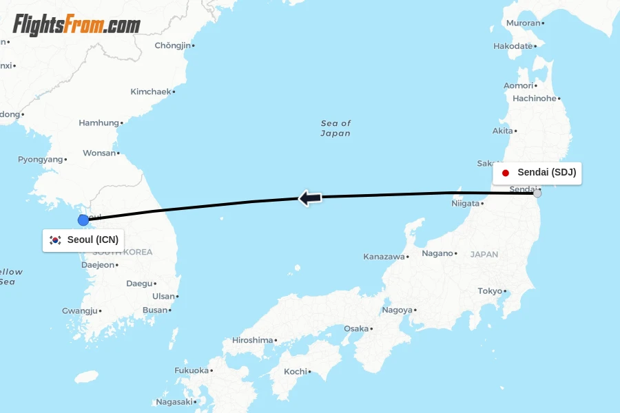 Flights from Sendai to Seoul route map