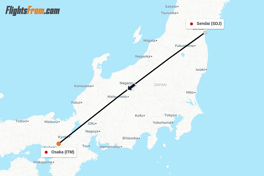 Flights from Sendai to Osaka route map