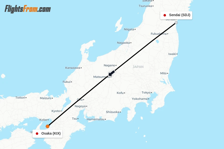 Flights from Sendai to Osaka route map