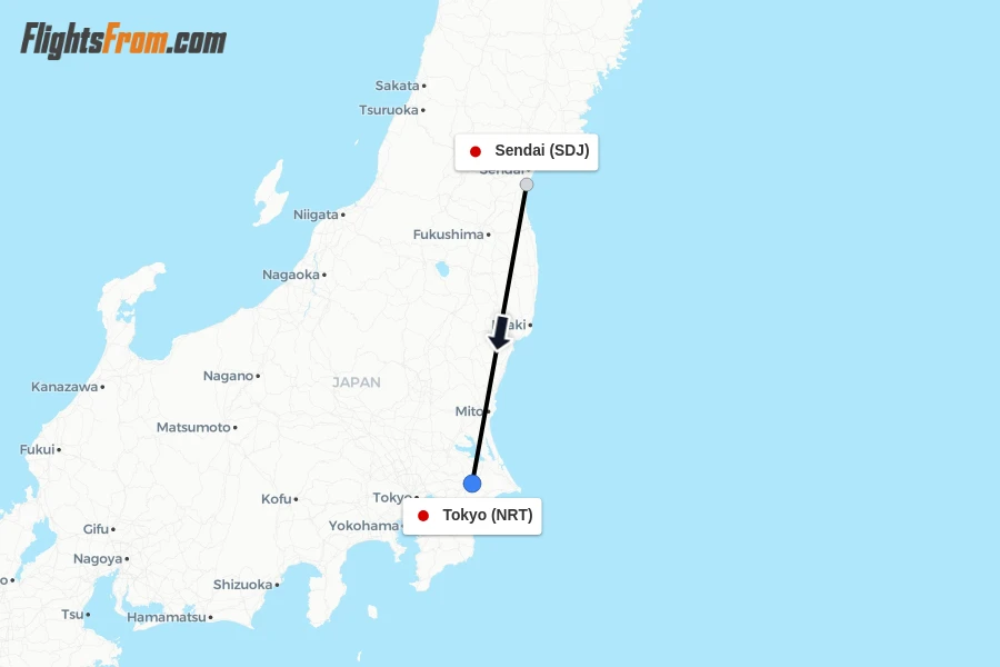 Flights from Sendai to Tokyo route map