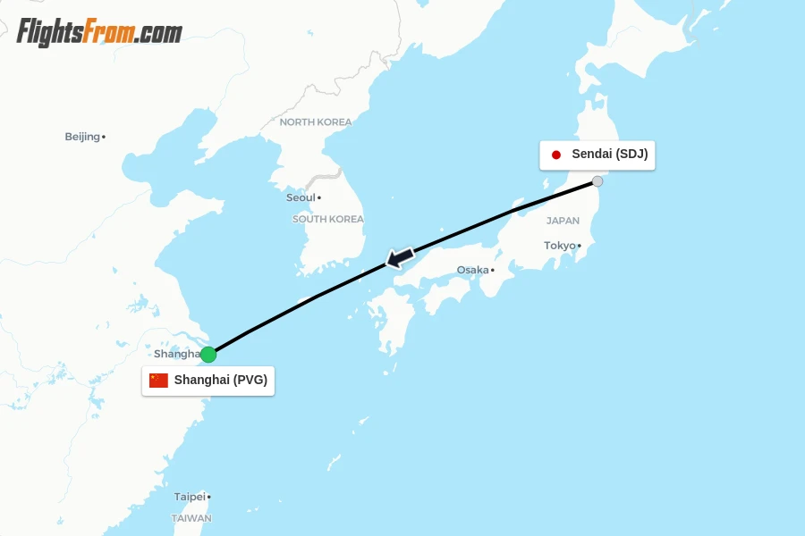 Flights from Sendai to Shanghai route map
