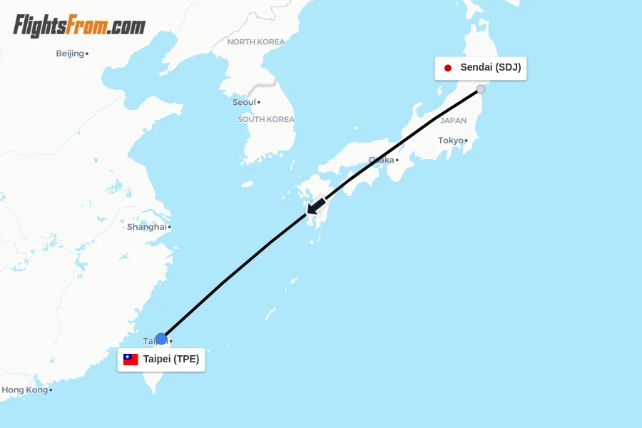 Flights from Sendai to Taipei route map