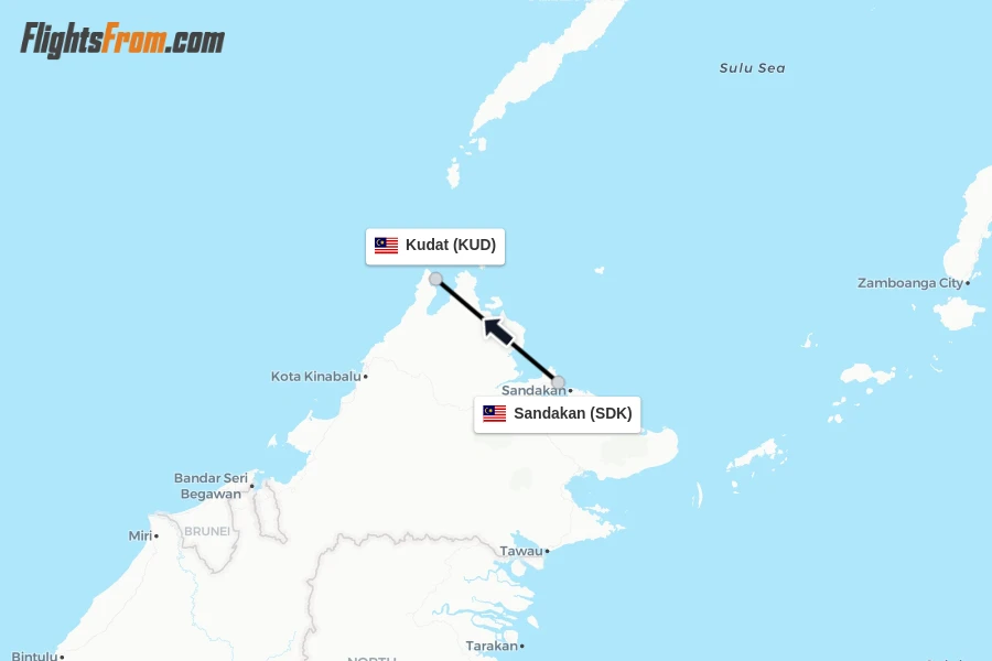 Flights from Sandakan to Kudat route map