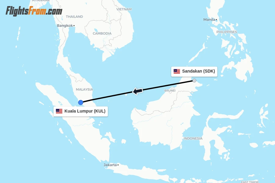 Flights from Sandakan to Kuala Lumpur route map