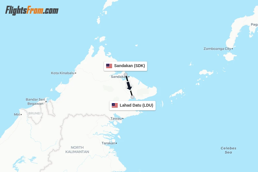 Flights from Sandakan to Lahad Datu route map