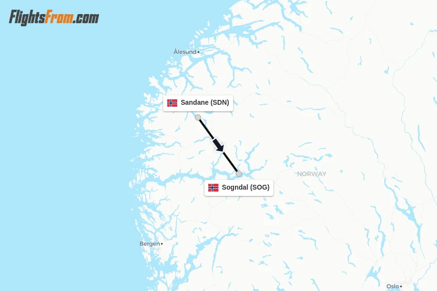 Flights from Sandane to Sogndal route map