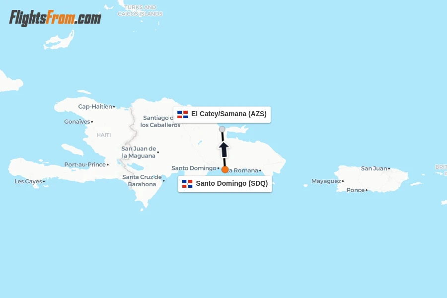 Flights from Santo Domingo to El Catey/Samana route map