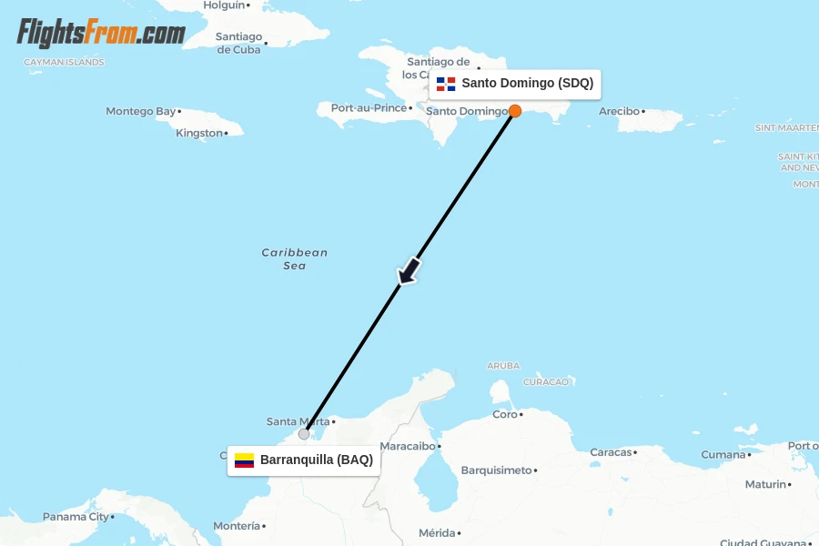 Flights from Santo Domingo to Barranquilla route map