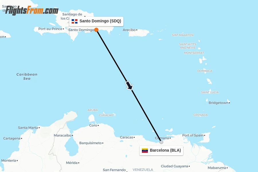 Flights from Santo Domingo to Barcelona route map