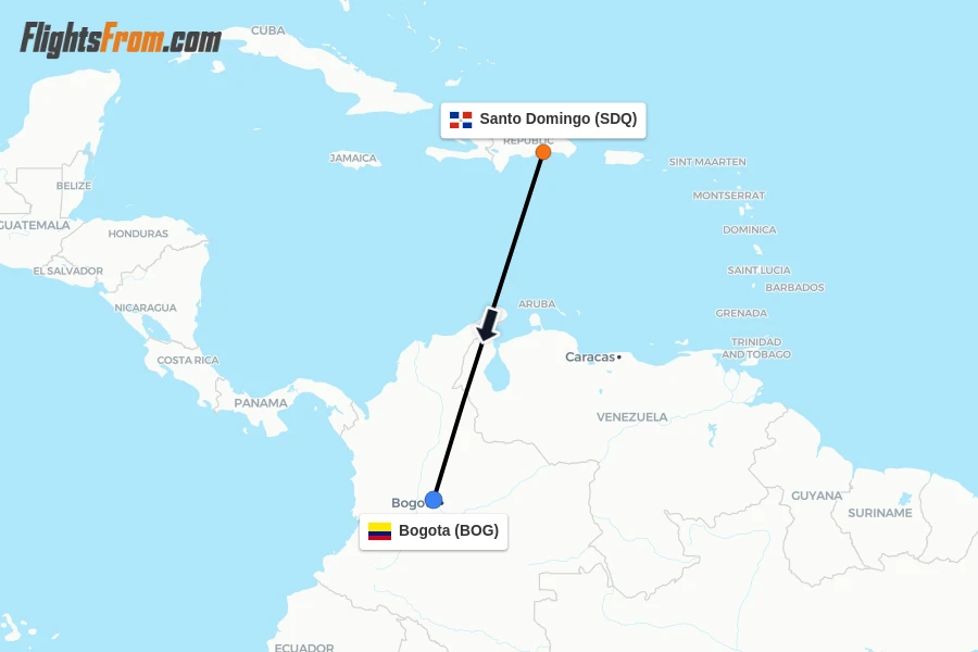 Flights from Santo Domingo to Bogota route map