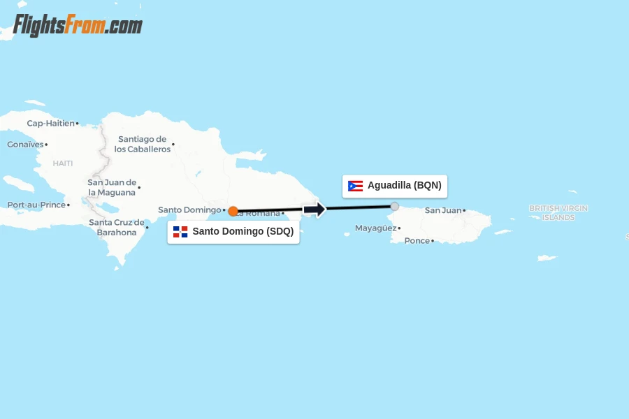 Flights from Santo Domingo to Aguadilla route map