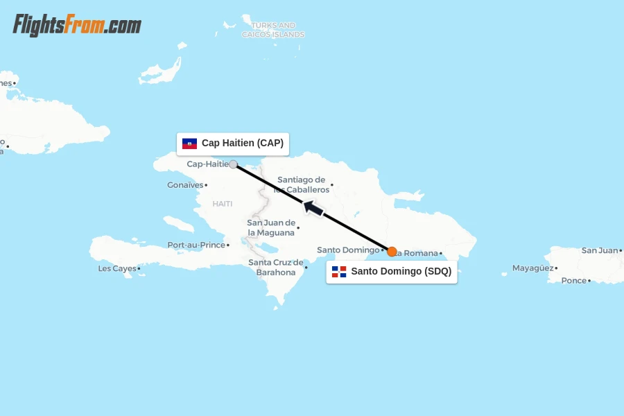 Flights from Santo Domingo to Cap Haitien route map