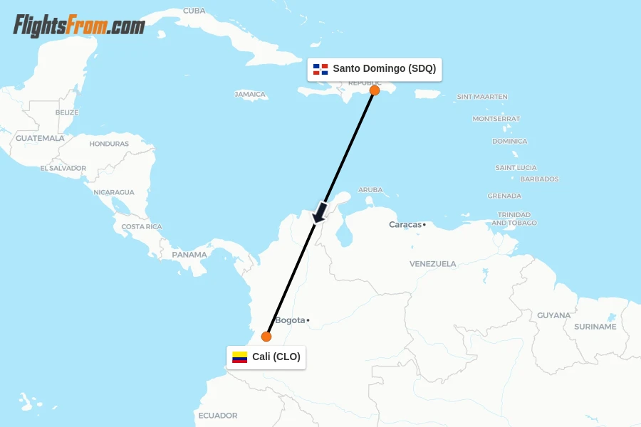 Flights from Santo Domingo to Cali route map