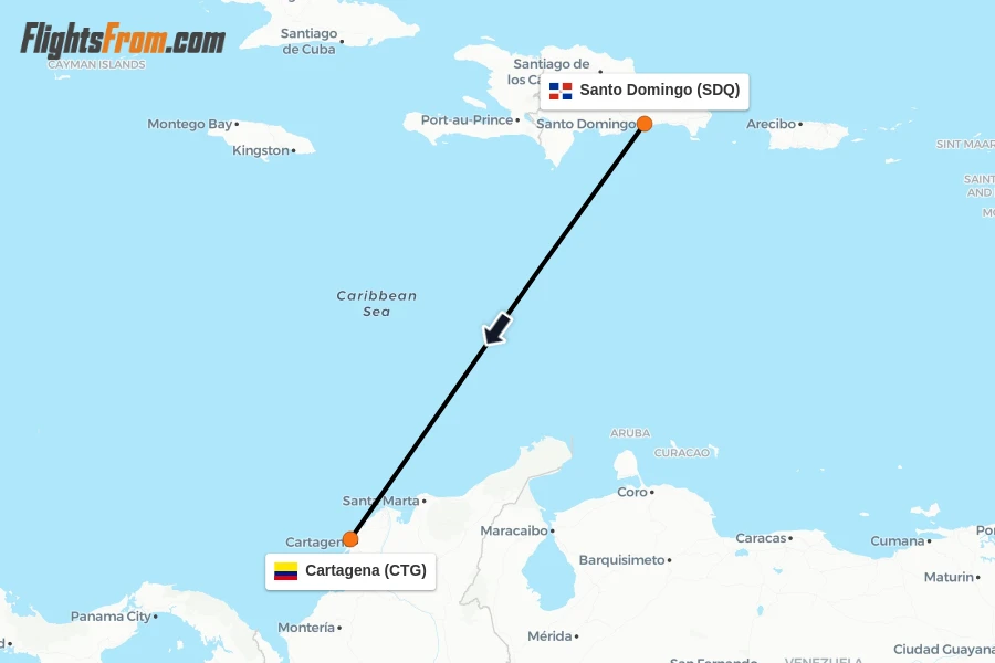 Flights from Santo Domingo to Cartagena route map