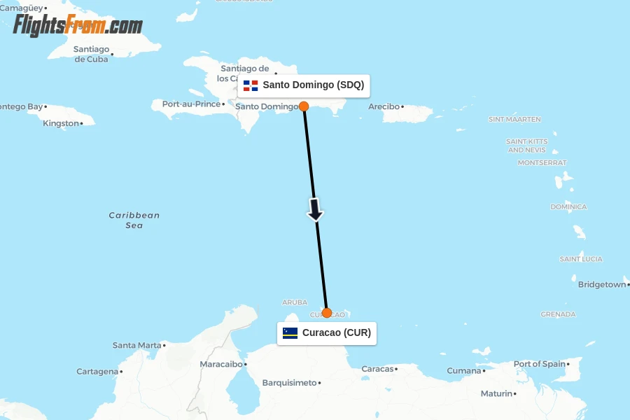 Flights from Santo Domingo to Curacao route map
