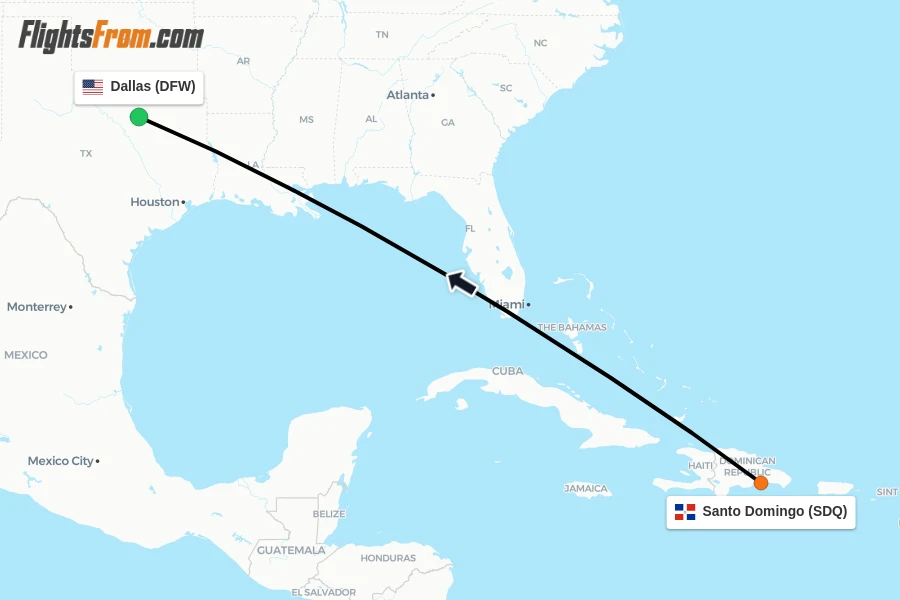 Flights from Santo Domingo to Dallas route map