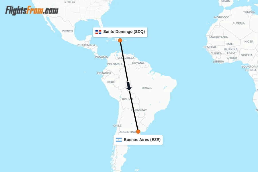 Flights from Santo Domingo to Buenos Aires route map