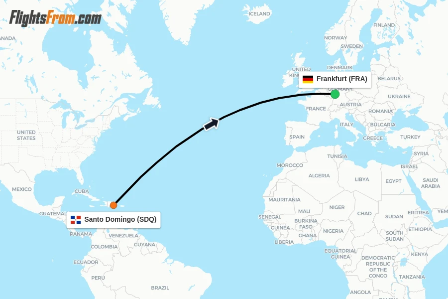 Flights from Santo Domingo to Frankfurt route map