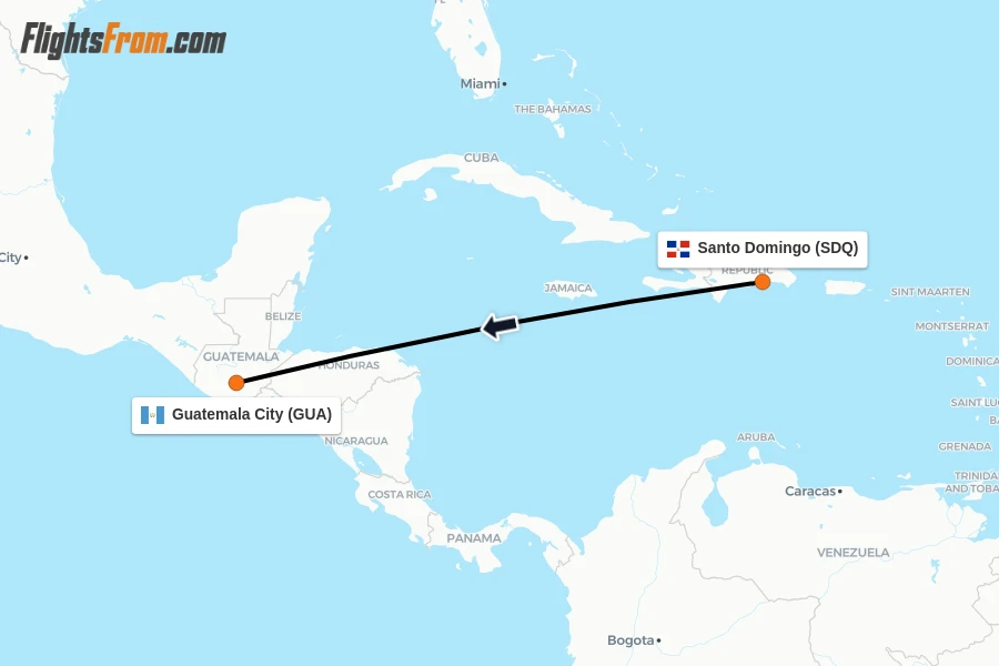 Flights from Santo Domingo to Guatemala City route map