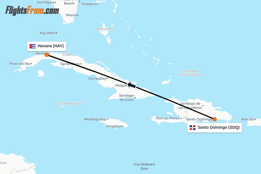 Flights from Santo Domingo to Havana route map